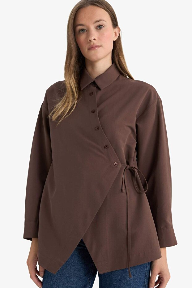 Regular Fit Shirt Collar Front Tie Poplin Long Sleeve Shirt Tunic F8347Ax25Au