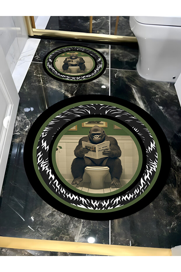 Hari̇kabi̇rev | Bathroom and Toilet Round Mat with Gorilla Reading a Newspaper Motif | Yvrpsps