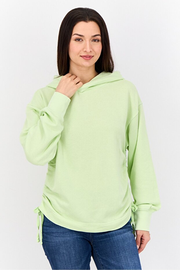 Women Ruched Long Sleeve Hoodie, Light Green