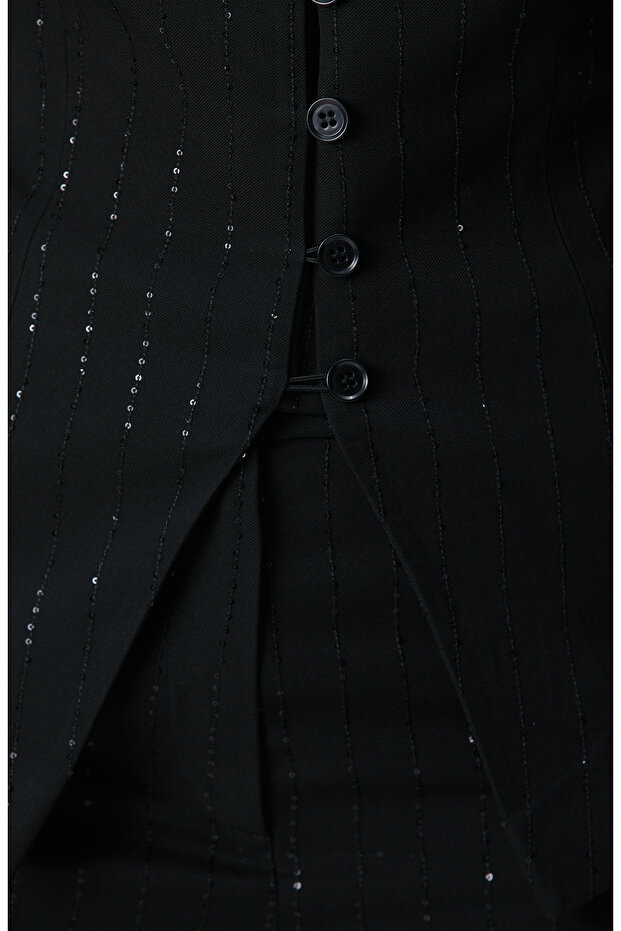 Siyah Payetli Çizgili Yelek - 6