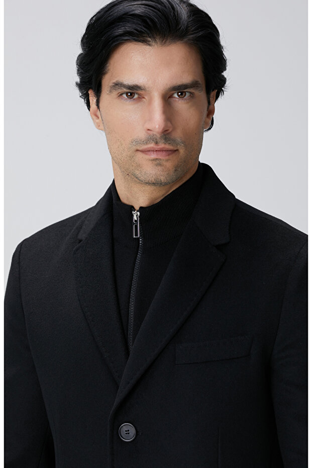 Siyah Kaşmir Karışımlı Palto - 7