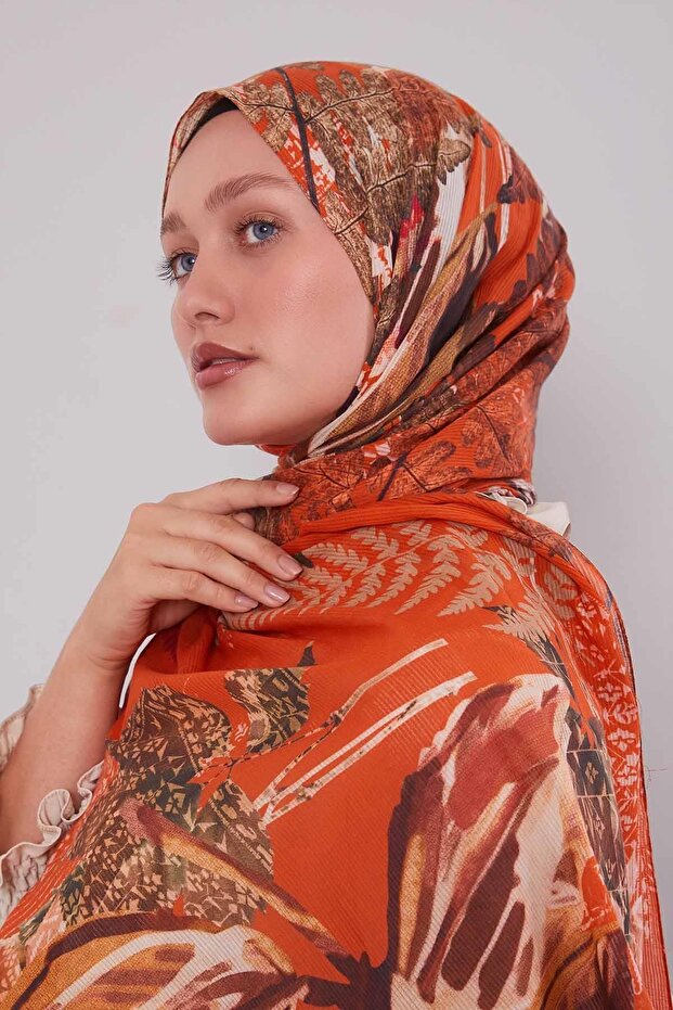 Orange Leaf Pattern Cotton Shawl - 2