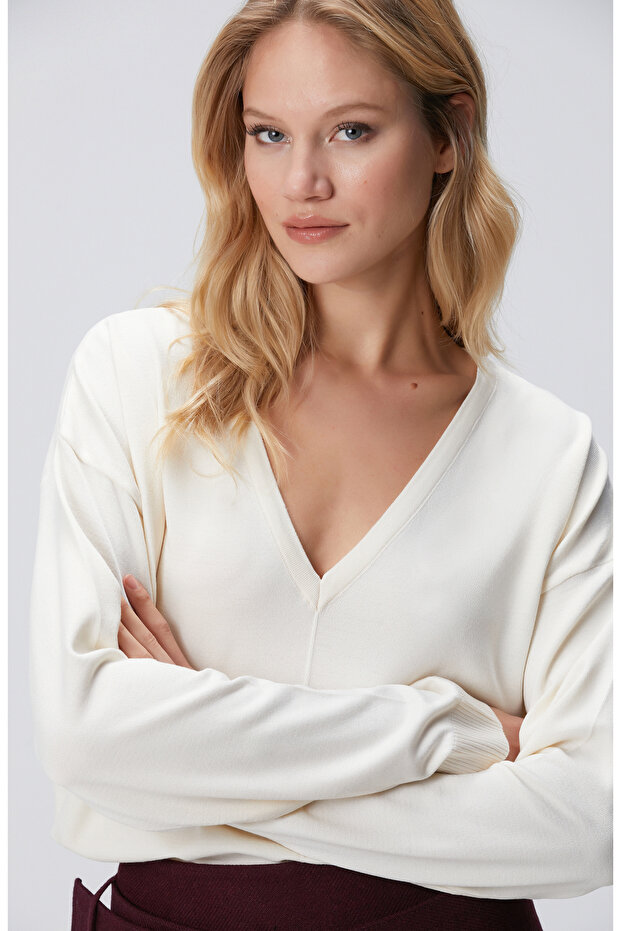 Kırık Beyaz Nervür Detaylı Basic Kazak - 2