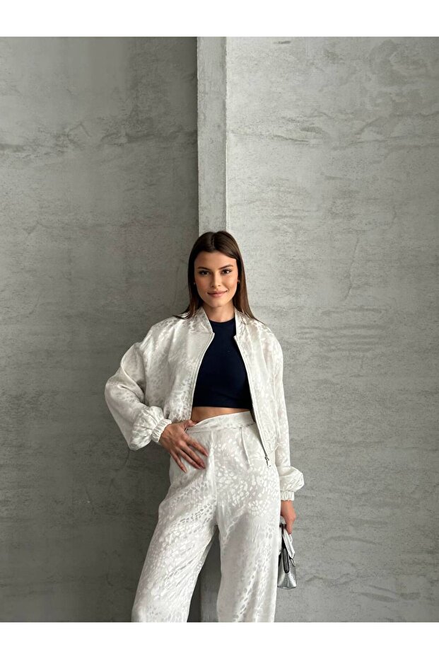 Women's Leopard Satin Jacket Pants Two Piece Set