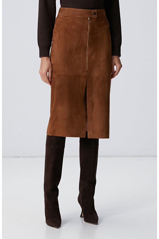 Tarçın Süet Deri Midi Etek - 4