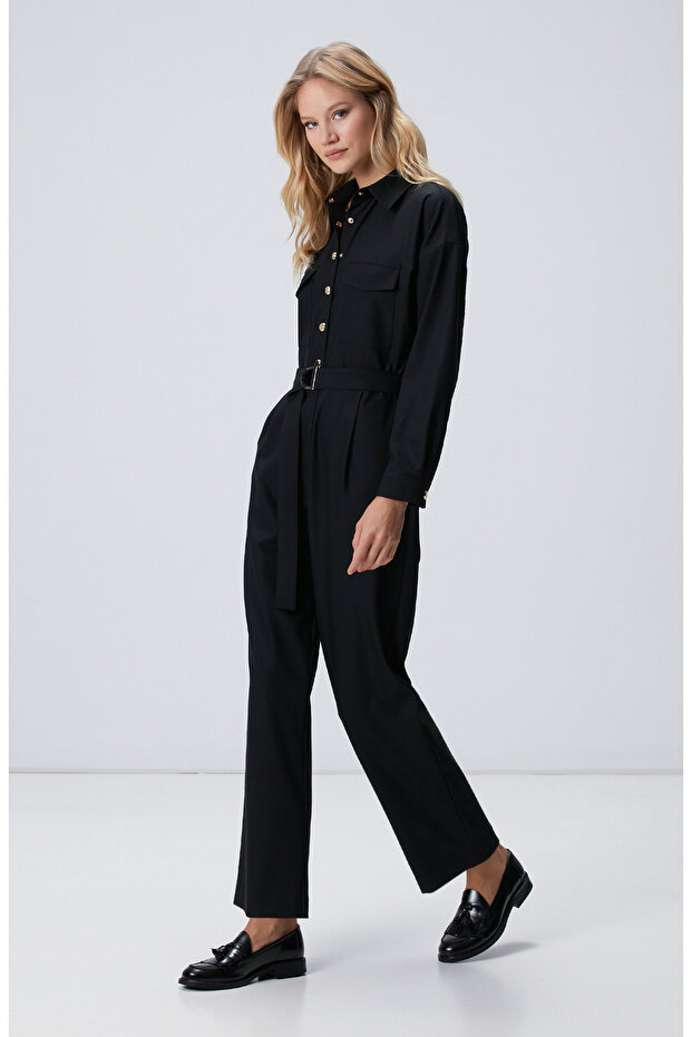 Siyah Cep Kapaklı Tulum - 4