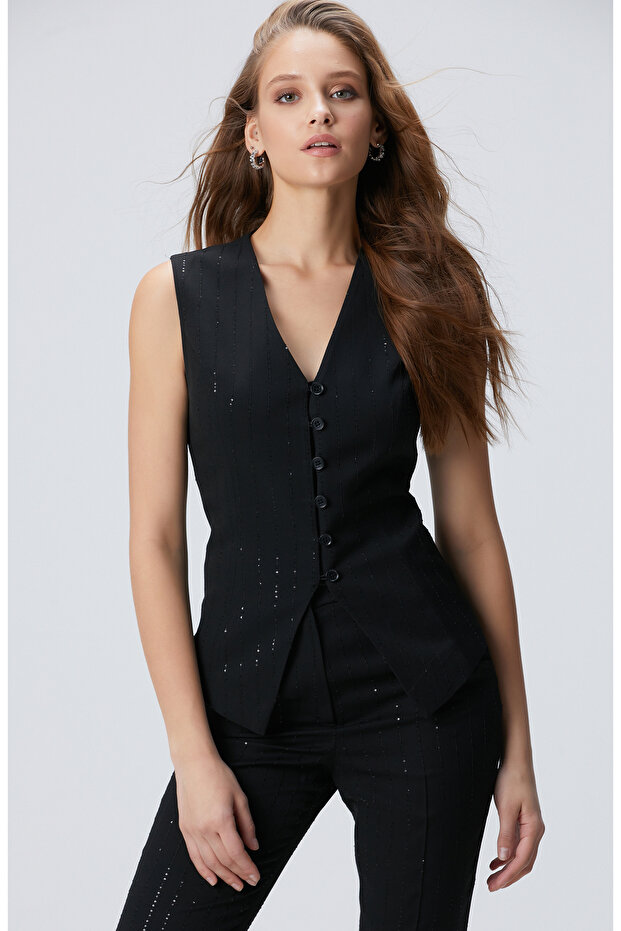 Siyah Payetli Çizgili Yelek - 1