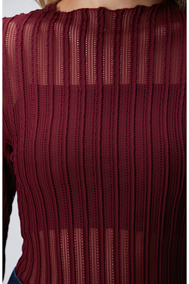 Bordo Desenli Bluz - 6