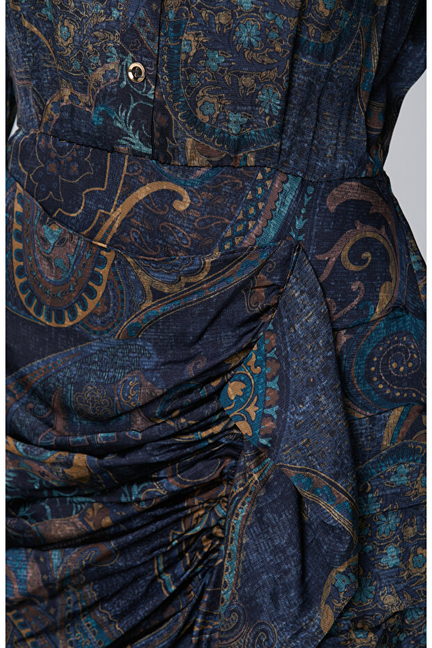 Petrol Desenli Mini Viskon Elbise - 6