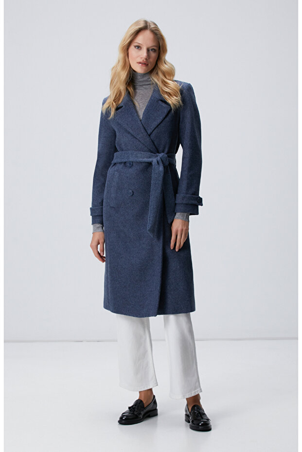 Lacivert Diyagonal Desen Kuşaklı Uzun Palto - 2