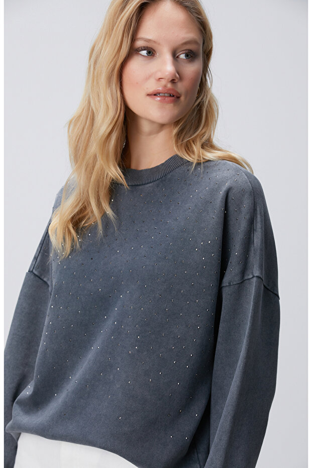 Antrasit Taşlı Sweatshirt - 2