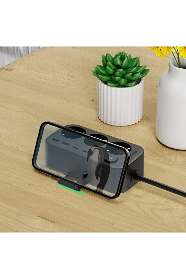 Isı Dayanıklı Duvar Askılı Telefon Tutucu 3'lü Priz 2xUSB 2xType-C Çıkış Anahtarlı Priz Uzatma Kablo - 6