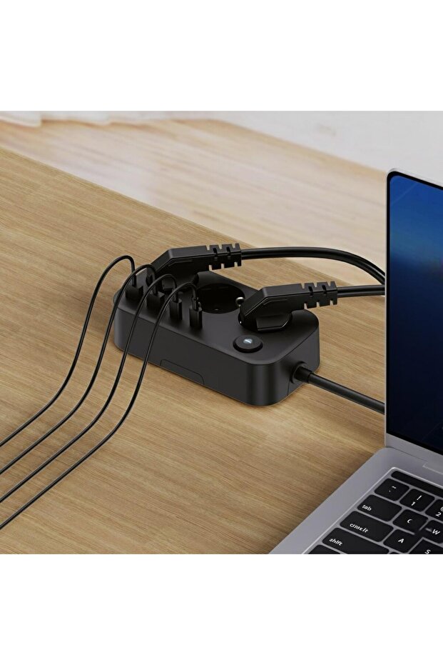 Isı Dayanıklı Duvar Askılı Telefon Tutucu 3'lü Priz 2xUSB 2xType-C Çıkış Anahtarlı Priz Uzatma Kablo - 3