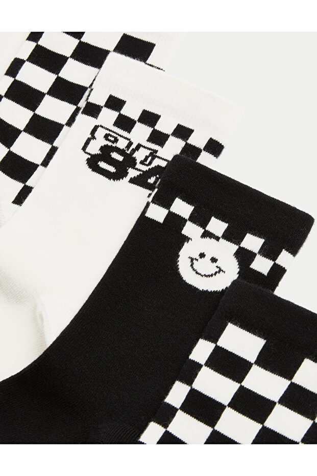 5'li Pamuk Karışımlı Kareli & Be Happy Çorap Seti - 2