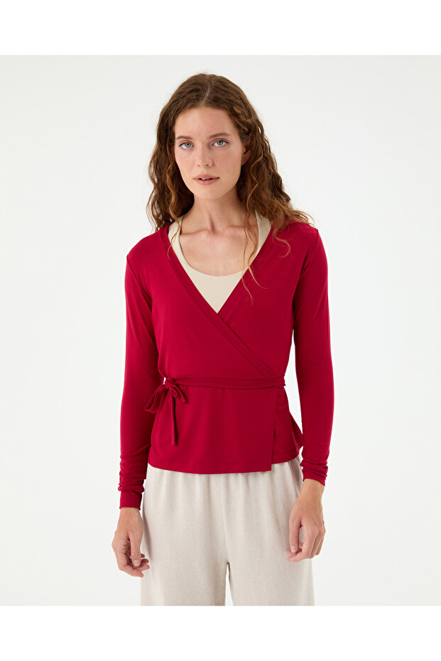 Vişne Kırmızı EcoVero™Viskoz Uzun Kollu V Yaka Anvelop Bağlamalı Bluz - 5