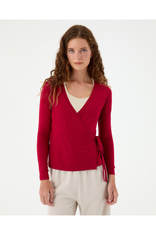 Vişne Kırmızı EcoVero™Viskoz Uzun Kollu V Yaka Anvelop Bağlamalı Bluz - 1