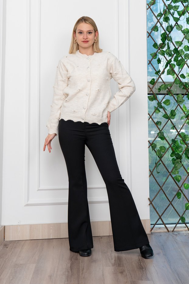 Women's Winter Beige Trendy Model Stoned Soft Knitwear Cardigan Stylish Daily Comfortable 25508
