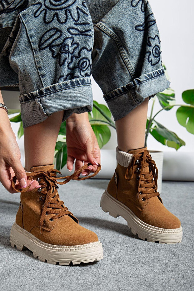 Kadın Taba Süet Günlük Bağcıklı Suya Dayanıklı Bot Rahat Şık Yüksek Taban Sıcak Astar Kışlık Bootie - 2
