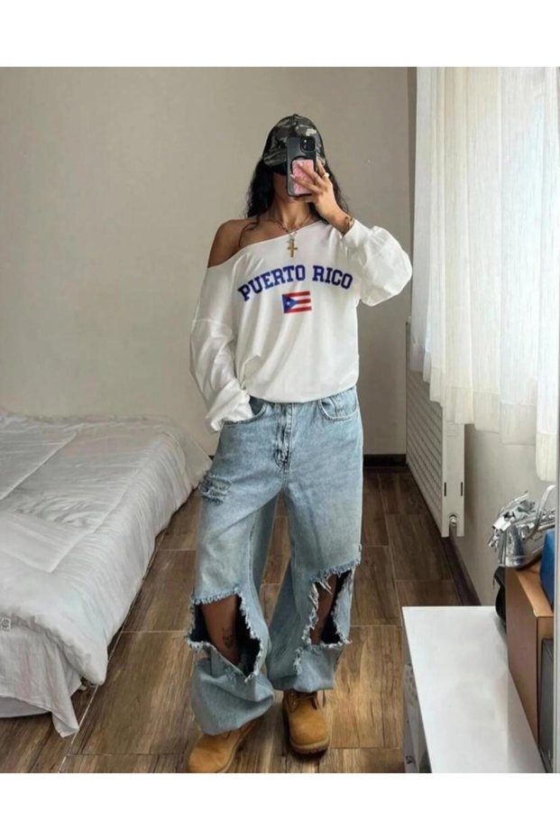Women's Puerto Rico Printed One Shoulder Boat Neck New Season Oversize Sweatshirt