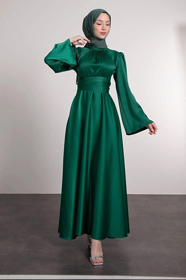 Spanish Sleeve Wrap Waist Satin Evening Dress 583163 Emerald