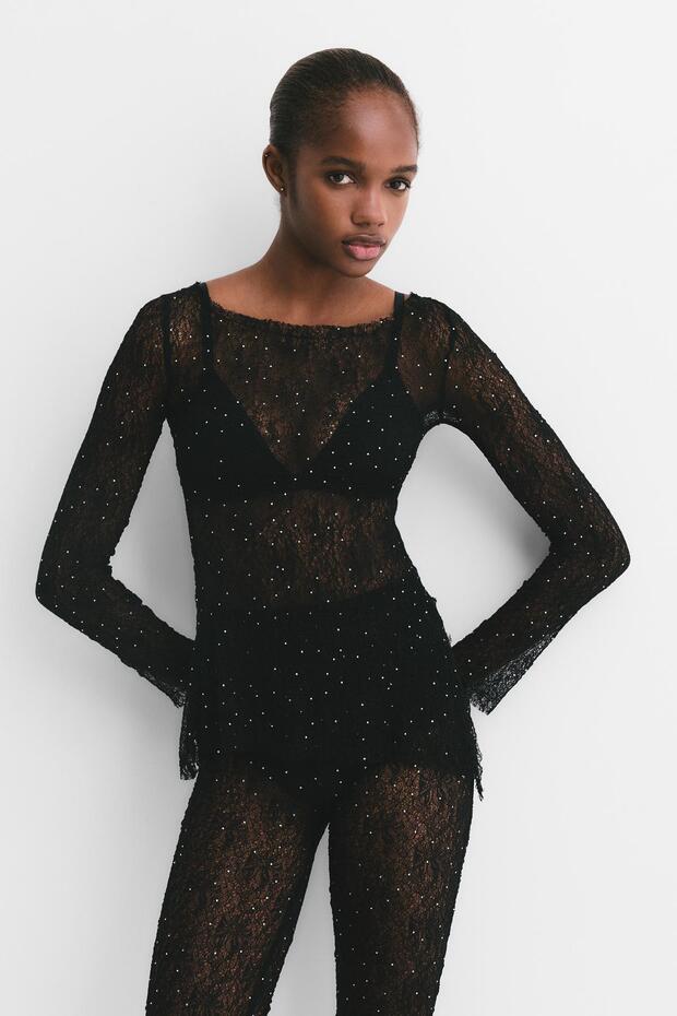 Payetli dantelli top - 1