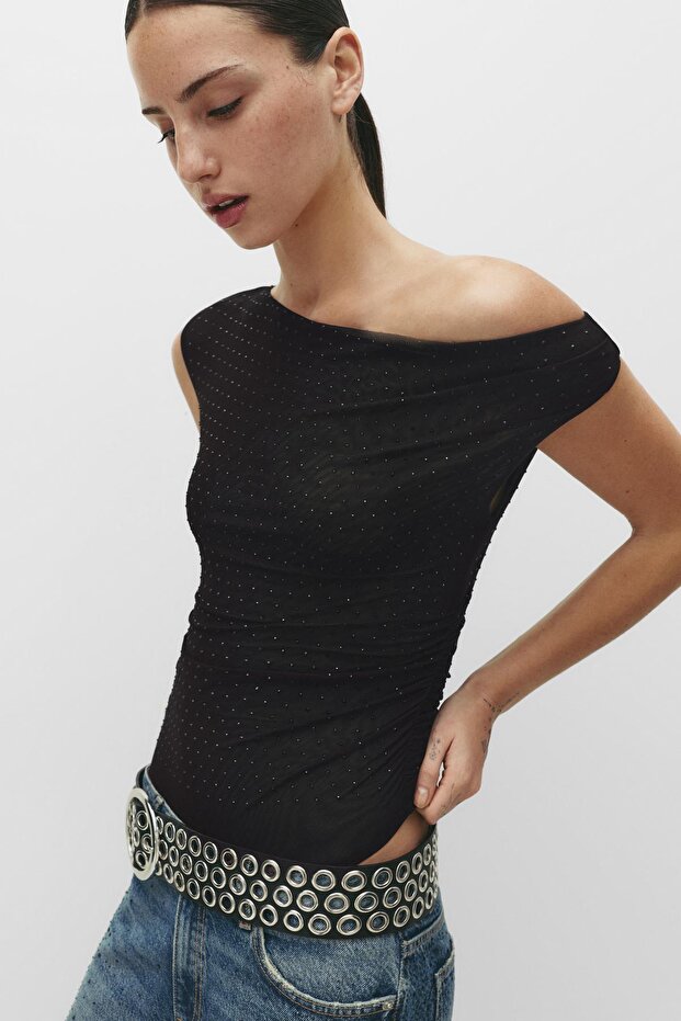 Drapeli asimetrik taşlı body - 5