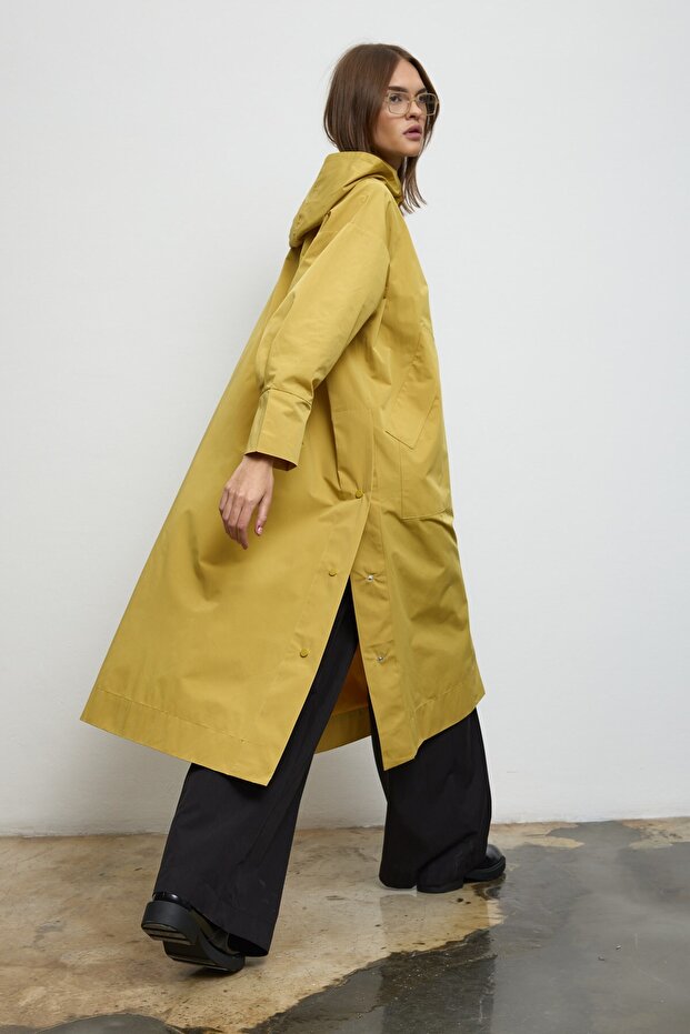 Kapüşonlu Oversize Yağmurluk Sarı - 1