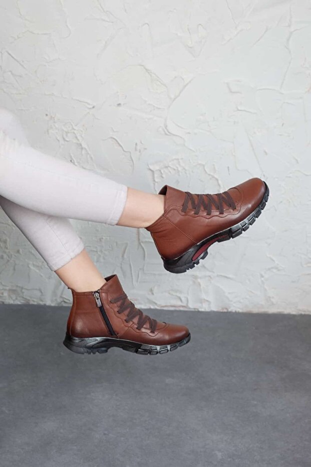 Kadın Hakiki Deri Elastik Bağcıklı ve Fermuarlı Taba Bot - 6