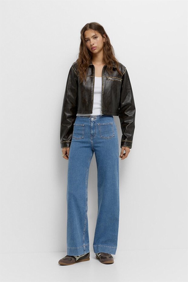 Geniş paça yama cepli jean - 2