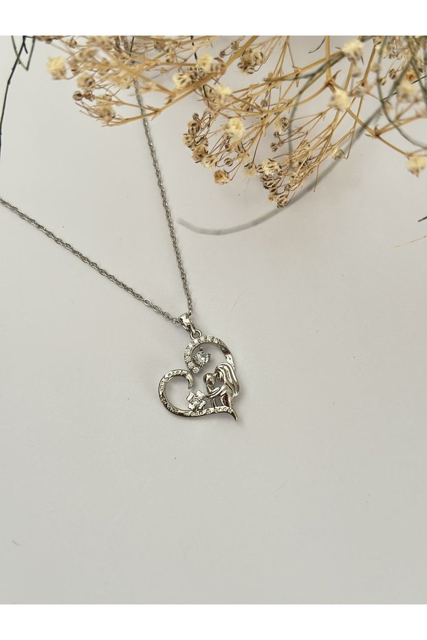 Steel Heart Detailed Mother and Child Figure Necklace (Mother's Day Gift)