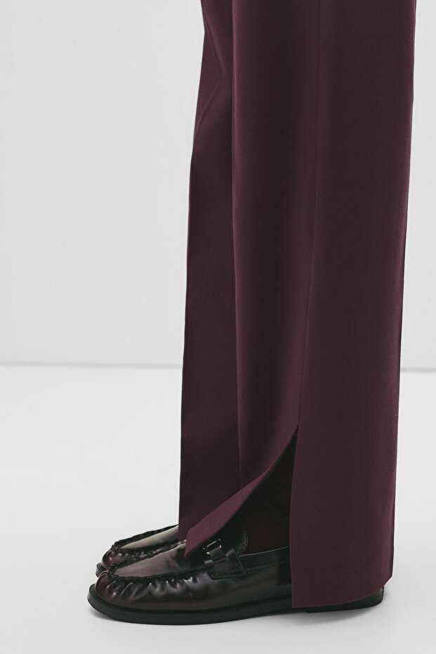 Bordo yırtmaçlı düz paça pantolon - 3