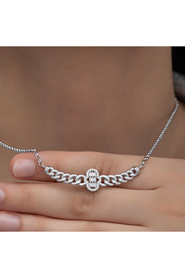 Silver Gurmet Chain Fatma Mother Hand Baguette Stone Women's Necklace