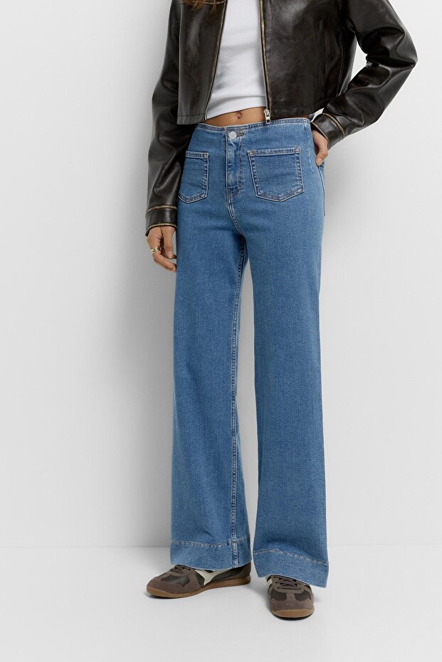 Geniş paça yama cepli jean - 5