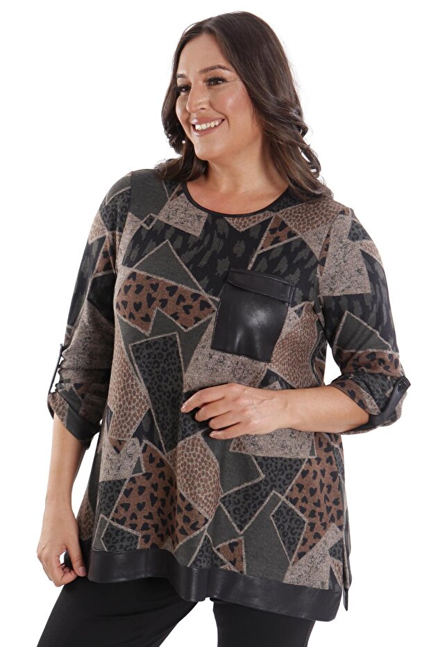 بلوزة كاكي من الجلد بنمط هندسي كبير الحجم من Trend42plus مع جيوب - 1