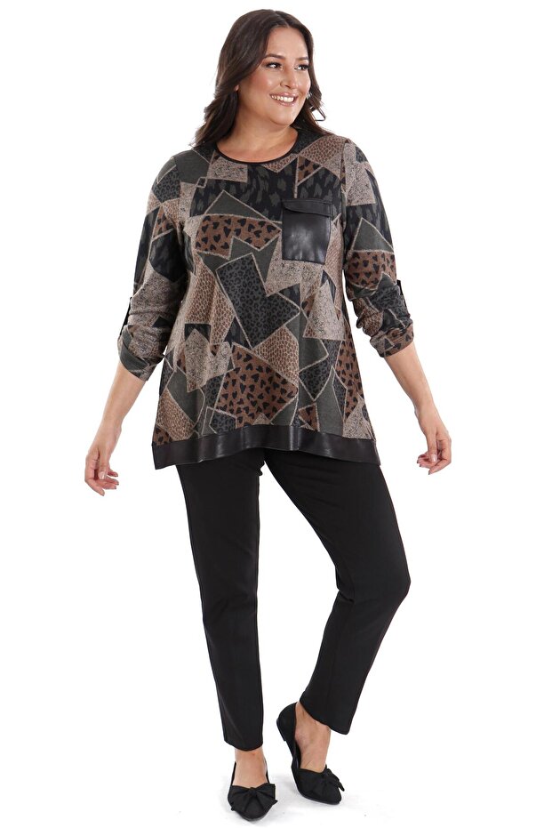 بلوزة كاكي من الجلد بنمط هندسي كبير الحجم من Trend42plus مع جيوب - 4