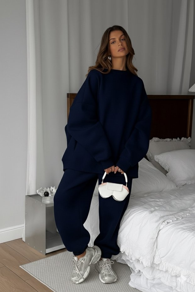 Women's Double Oversize Tracksuit Set Basic Navy Blue – Crew Neck, Elasticated Legs, 3 Thread Fleece