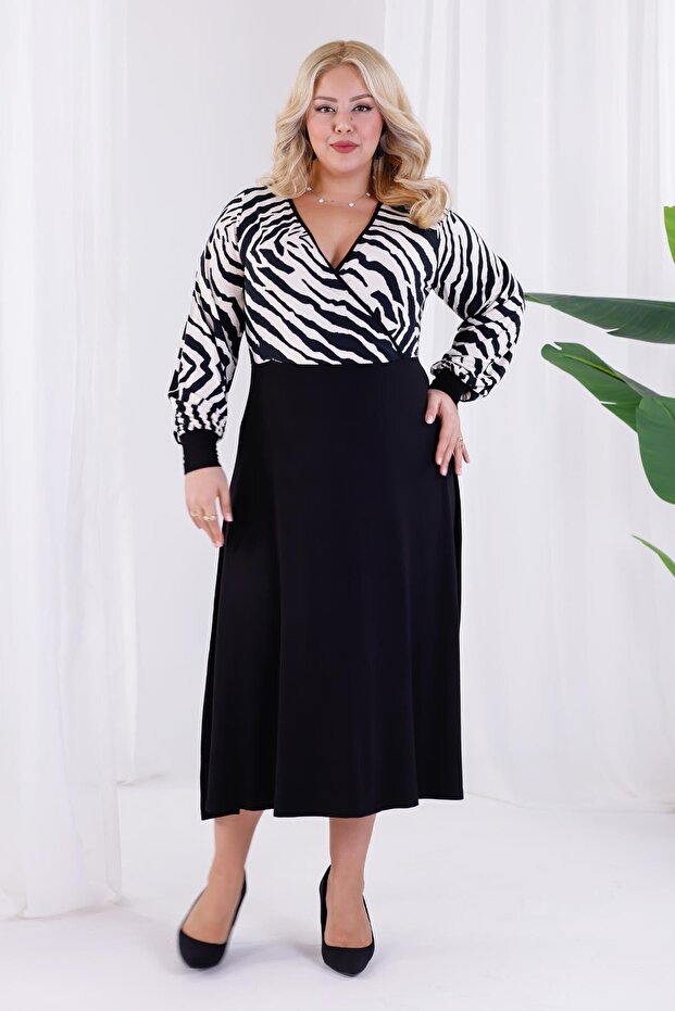 Women's Black and White Zebra Pattern Blocky Double Breasted Collar Balloon Sleeve Plus Size Stretchy Maxi Dress