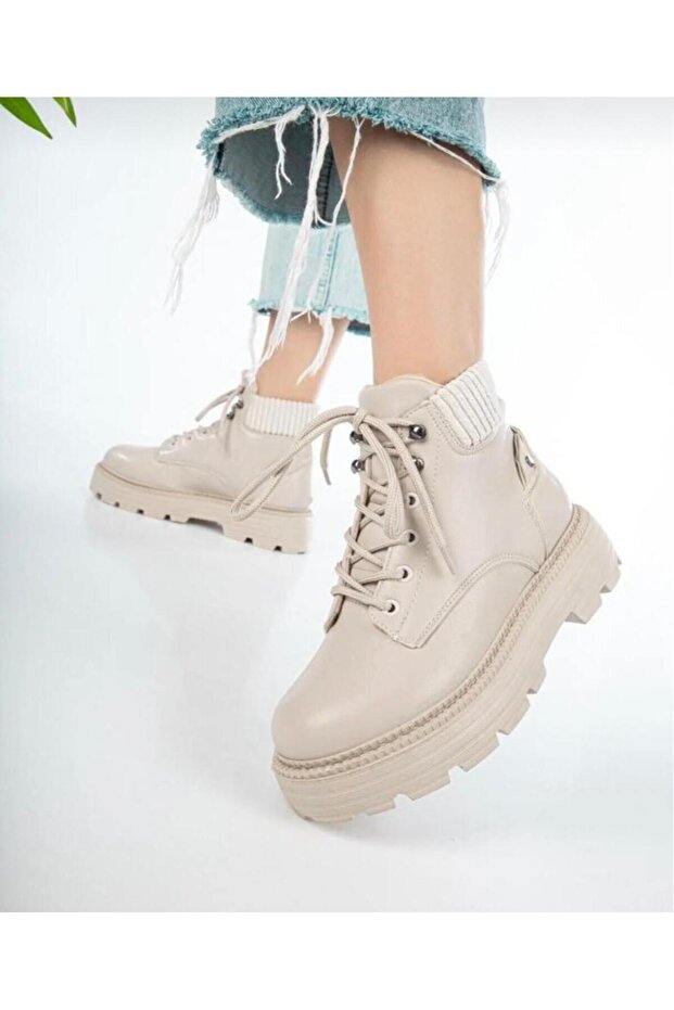 Kadın Bej Cilt Bağcıklı Su Geçirmez Yüksek Taban Kadın Bot - 2