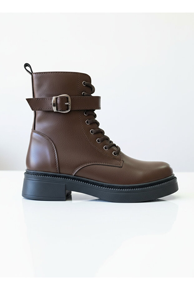 Bağcıklı Tokalı Bot Kadın | Günlük Kullanım | Kalın Taban Deri Görünümlü Combat Boot - 8