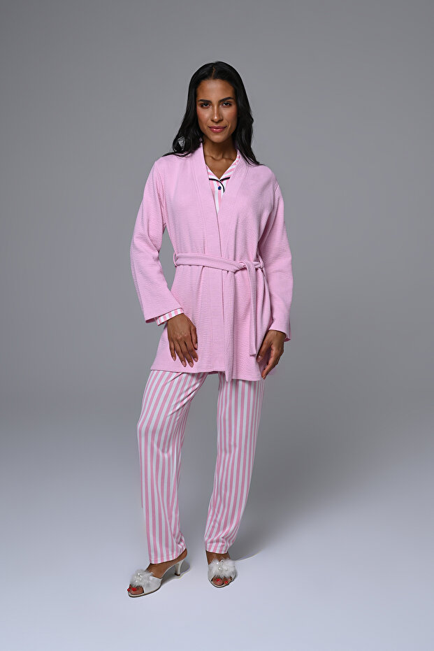 Short Robe, Striped Women's Pajama Set, 3-Piece Set