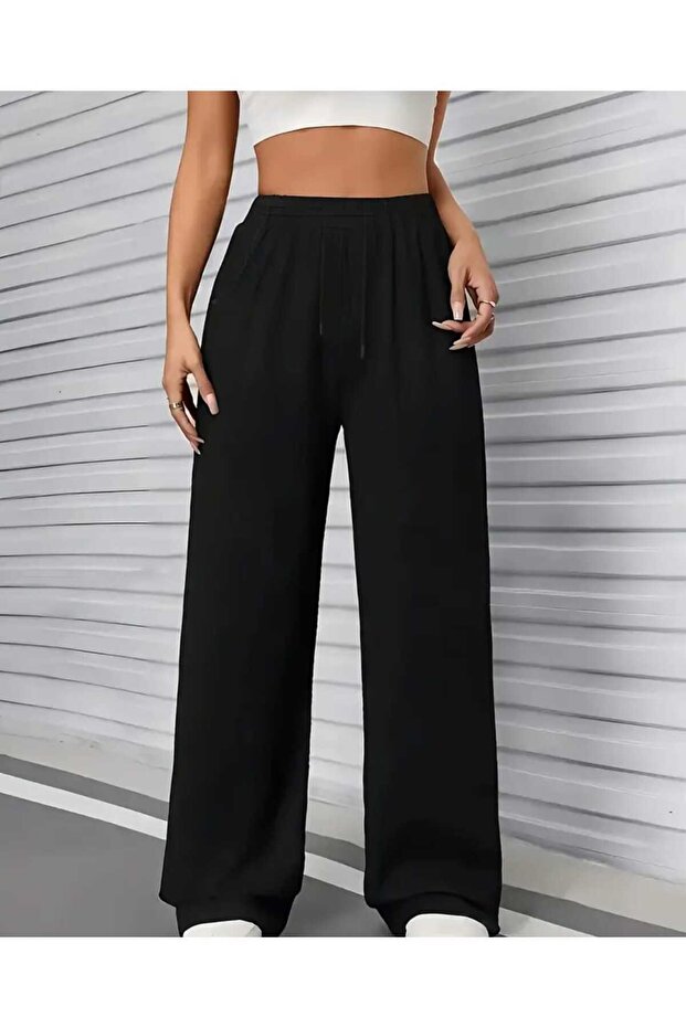 Black Wide Leg Basic Sweatpants - 3