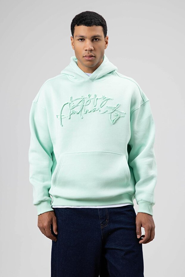 Oversize Baskılı Kapüşonlu Sweatshirt Mint - 2