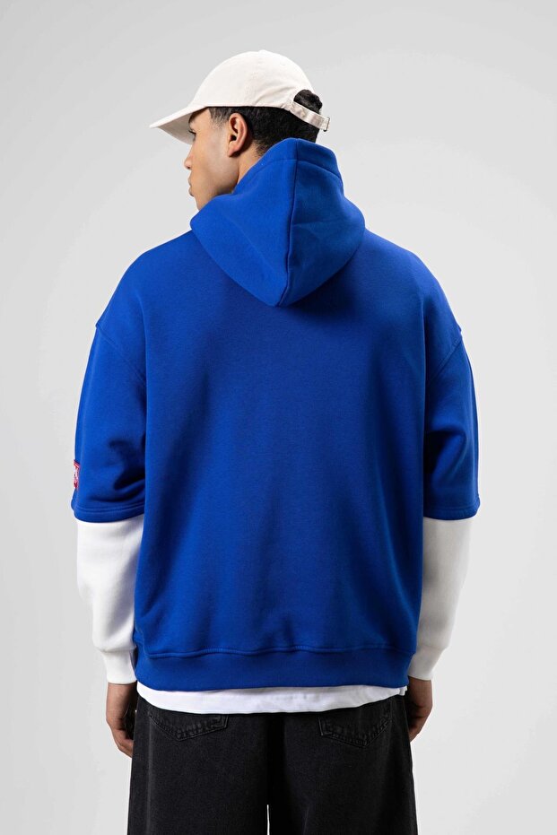 Oversize Baskılı Kapüşonlu Sweatshirt Saks - 4