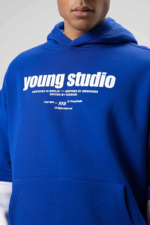 Oversize Baskılı Kapüşonlu Sweatshirt Saks - 3