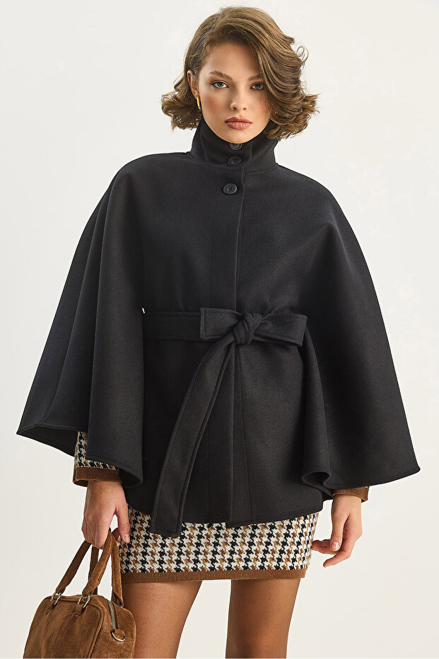 Women's Black Belted Stand Collar Cashmere Poncho 0314 60283652