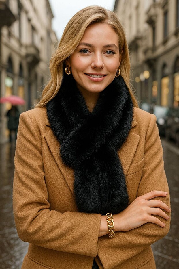 Black Soft Textured Mango Plush Women's Neck Collar