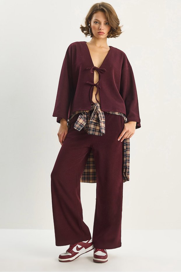 Women's Burgundy Kimono with Tie Detail High Waist Loose Trousers Thessaloniki Set 7028 60283640