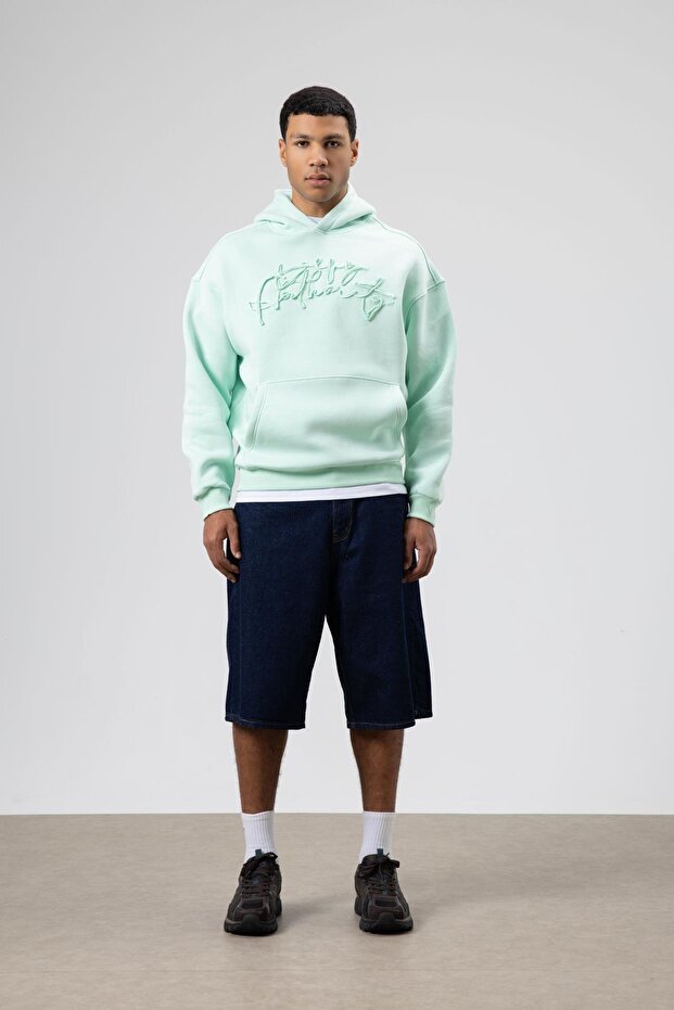 Oversize Baskılı Kapüşonlu Sweatshirt Mint - 5