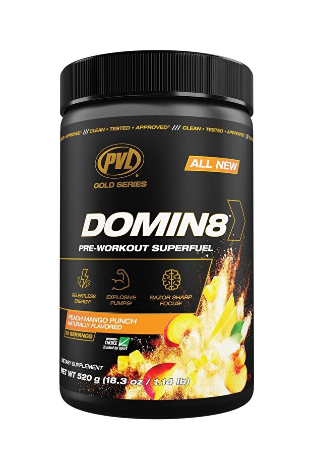 Gold Series DOMIN8 Pre-workout Superfuel 520g - Peach Mango Punch