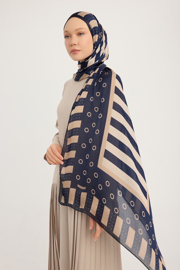 Rhythmic Geometry - Navy Blue - Aurora Patterned Janjan Shawl - 70X190 cm